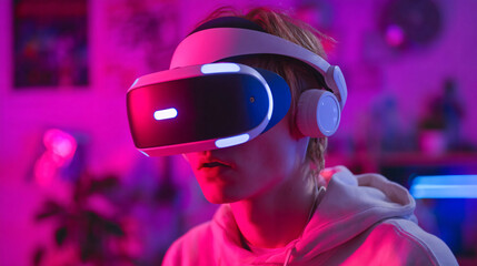 Immersive Reality: A person wearing a virtual reality headset in a neon-lit room, engaging with a digital world through the latest VR technology. 