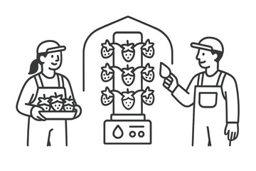 Farmers tending to vertical strawberry farm with a hydroponic system