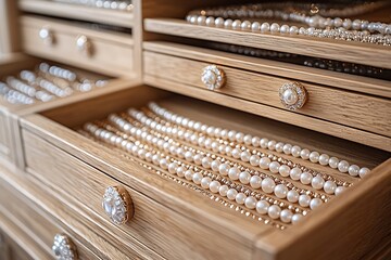 Elegant pearl necklaces displayed with classic organization high resolution picture