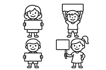 Four Diverse Cartoon Children Holding Blank Signs