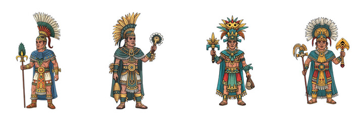 Set of ancient Mayan priest characters with traditional ceremonial attire, png and oil paint.