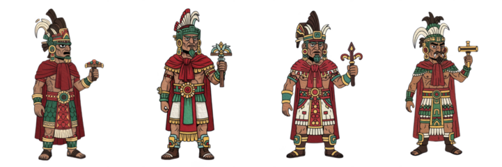 Set of ancient Mayan priest characters with traditional ceremonial attire, png and oil paint.
