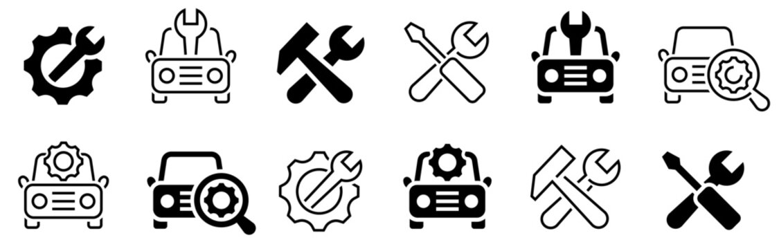 Car service icon set. Car repair icons. Screwdriver, tools, hammer, gear, repair, diagnostic, engine, garage. Editable stroke. Vector illustration