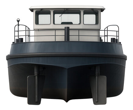 Self-propelled barge featuring twin rudders and a covered wheelhouse.