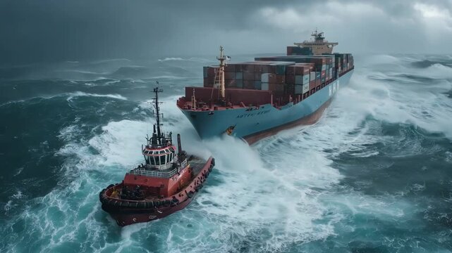 Medium shot of a tugboat guiding a massive cargo ship through turbulent stormy seas showcasing the intense effort and skill involved in maritime assistance.