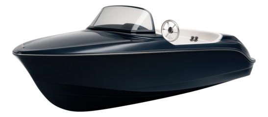 Compact mini-yacht featuring a fiberglass hull and sleek, minimalist design.