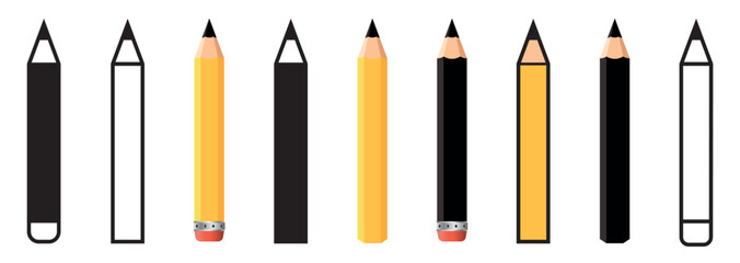 Pencil icon set in different stile. Realistic pencil. Pencil supply school. Pencil with rubber eraser. Vector illustration
