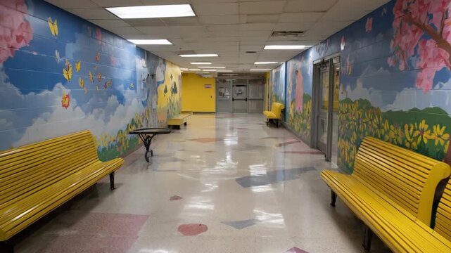 Medium shot of diverse local artwork in a community center featuring vibrant natureinspired themes displayed on walls.
