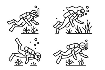 Four Silhouettes of Divers Swimming Underwater with Coral