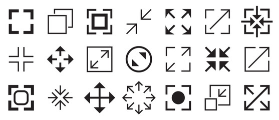 Full screen big icon set. Maximize and minimize screen buttons. Full screen enter and exit sign. Editable stroke. Vector illustration