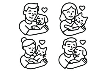 Line art of people hugging pets