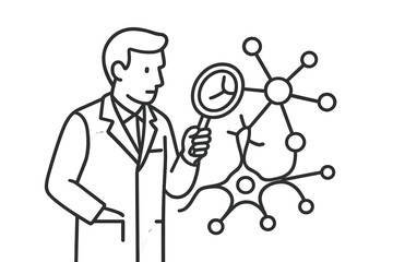 Scientist examining a neuron with a magnifying glass