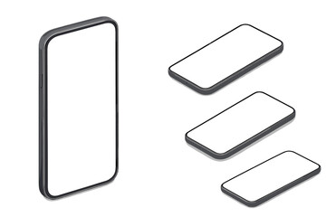 Isometric smartphones mockups with blank screens on a dark background