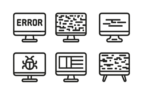 Computer screen icons with various glitch and error graphics
