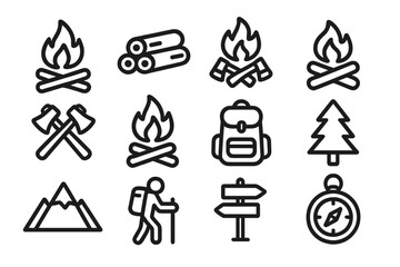 Camping and Hiking Icons Set on Dark Background © Andrei
