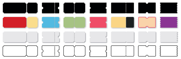 Tickets set. Flat, Realistic, Colors and Line icons. Vintage paper admit one and ticket samples. Tickets to cinema. Vector Illustration