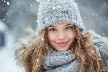 Joyful Winter Girl: Smiling Young Woman with Snowflake in a Festive Winter Wonderland