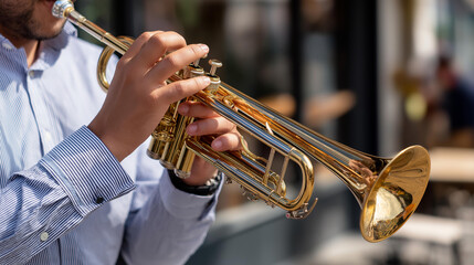 Faceless person plays trumpet in jazz style, defocused brass performance, musical expression, instrumental visualization, horn player representation, artistic music moment,, with copy space