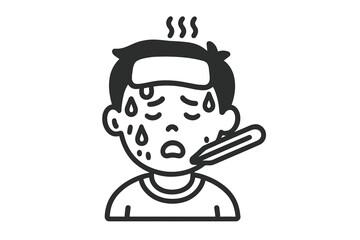 Sick person with thermometer and sweat drops