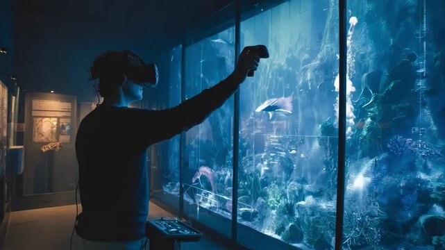 Medium shot capturing a creator building interactive VR museum exhibits that allow virtual visitor exploration.