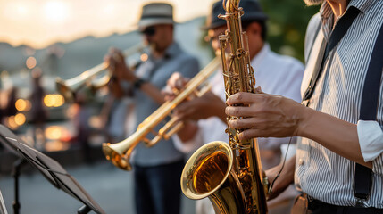 Golden hour melodies jazz age roaring twenties sunset artistic finale, defocused period music visualization, 1920s entertainment aesthetic, cultural movement celebration,, with copy space