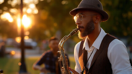 Golden hour melodies jazz age roaring twenties sunset artistic finale, defocused period music visualization, 1920s entertainment aesthetic, cultural movement celebration,, with copy space