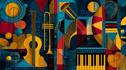 Vibrant abstract mural style wallpaper that celebrates harlem renaissance blending music literature and art, black history month concept, mural illustration visualization,, with copy space