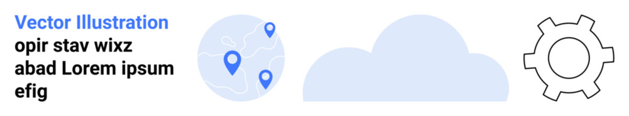 Globe with location pins, cloud, and gear symbolizing global networking, cloud computing, and optimization. Ideal for tech, data management, logistics, app design innovation global reach simple