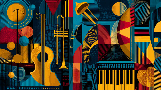 Vibrant abstract mural style wallpaper that celebrates harlem renaissance blending music literature and art, black history month concept, mural illustration visualization,, with copy space