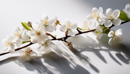 delicate spring blossom branch casting soft shadows on a clean minimalist white background evoking a sense of tranquility and new beginnings
