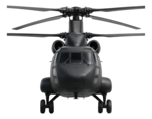 Dual-rotor helicopter with extended body and strengthened landing gear.