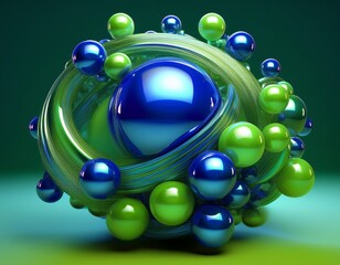 a 3d abstract composition of glossy blue and green spheres forming a clustered shape