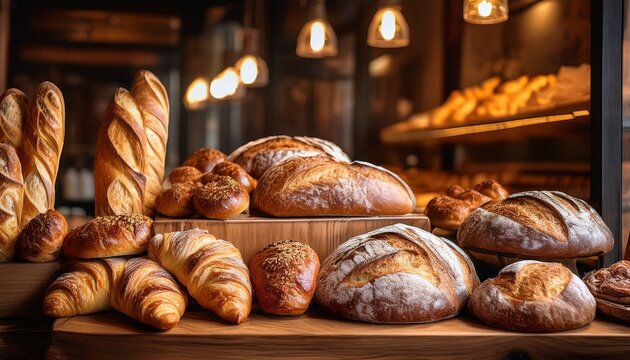 a bountiful display of freshly baked artisan bread featuring golden croissants and crusty baguettes on a rustic wooden counter in a bakery shop