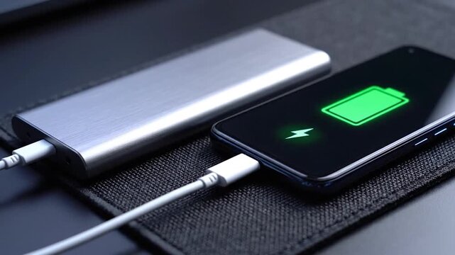 Smartphone charging with portable power bank close up view with green battery indicator on screen modern mobile device energy replenishment technology