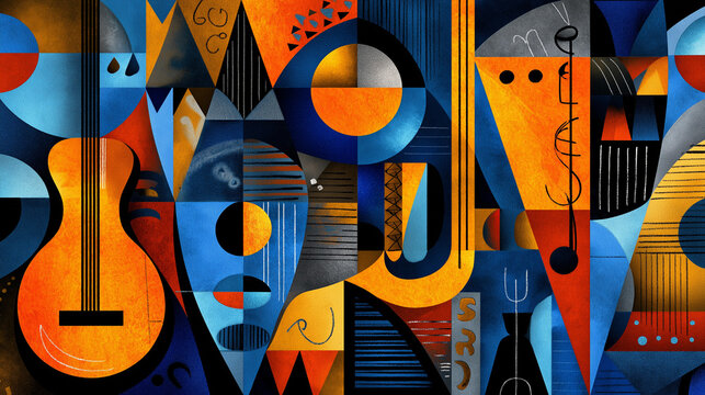 Vibrant abstract mural-style celebrating Harlem Renaissance blending music literature and art, Black History Month concept, mural illustration cultural movement representation,, with copy
