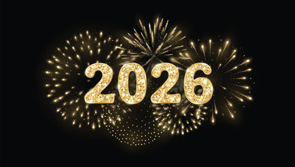 2026 shiny gold glitter numbers. Fireworks explosion on black background. New Year celebration banner with digits, golden pyrotechnics and festive decoration. For New Year party posters. Vector.