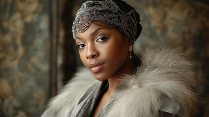 Striking faceless woman gazes directly at viewer, beaded headband and fur shawl evoking fashion-forward style of Harlem Renaissance, muted art background, period glamour aesthetic,, with