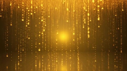 Golden light particles falling in dark space with reflective floor