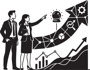 Two business people pointing at a rising graph and crystal ball with icons woman suit