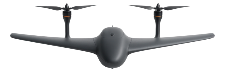 Fixed-wing drone featuring elevated propellers and extended wings.