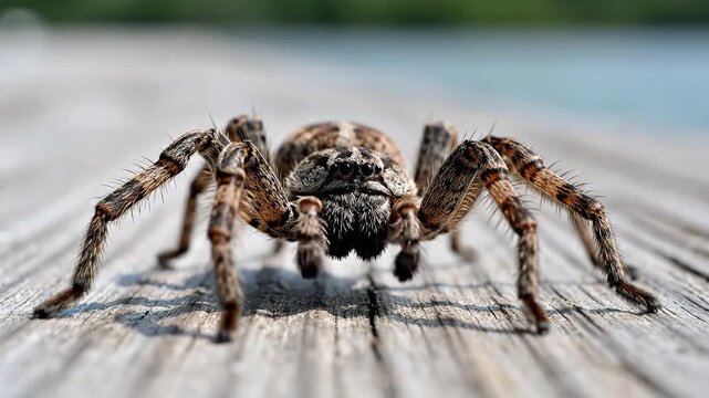 Close up of a large wolf spider on a wooden surface outdoors.