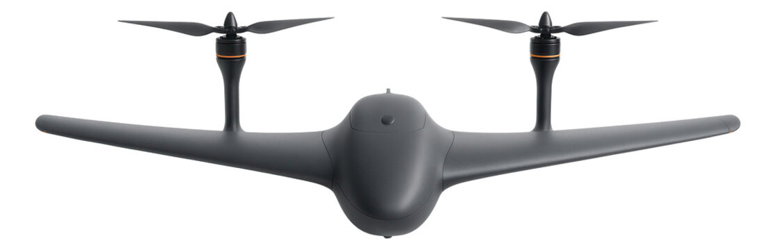Fixed-wing drone featuring elevated propellers and extended wings.