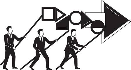 Three businessmen in suits pushing abstract shapes forming a large arrow vector