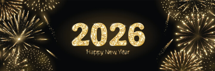 2026 gold glitter numbers with fireworks frame on black background. Festive New Year celebration with golden fireworks glow, wide layout and elegant decorative border. Banner for social media. Vector.