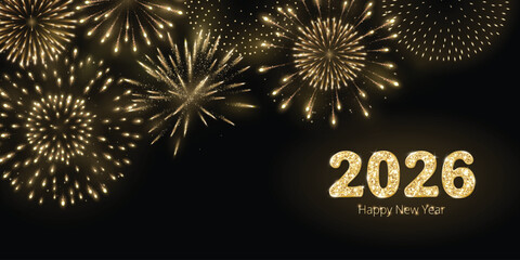 2026 glitter gold digits. Golden fireworks on black background. Festive New Year holiday illustration with sparkling fireworks, luxury golden glow. Corner frame for posters and banners. Vector.