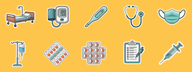 medical and hospital equipment sticker collection with healthcare symbols