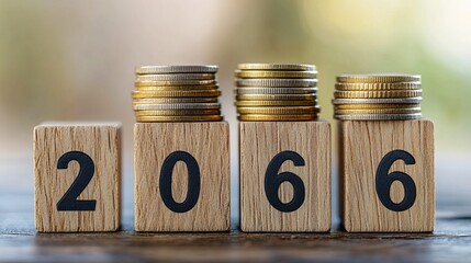 Stacked Coins on Wooden Blocks Forming Year 2066, Financial Growth Concept