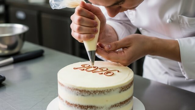 Pastry chef cooking cake, applying frosting on top, icing on cake make numbers 2026. Holiday banner for bakery and pastry shop, restaurants, catering for events. Professionals in New Year