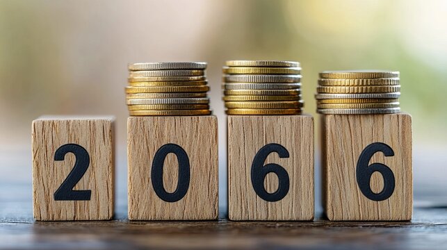 Stacked Coins on Wooden Blocks Forming Year 2066, Financial Growth Concept