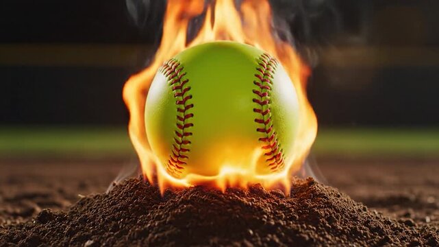 Softball on fire with smoke on dirt mound dynamic sports concept